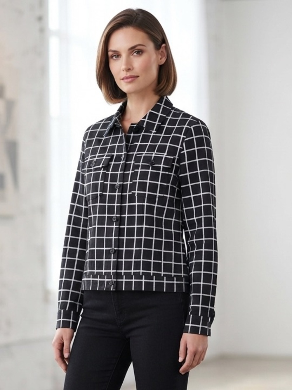 Take 50% OFF- Focus 2000 Black and White Grid Button-Down Shirt Jacket, Size-14
